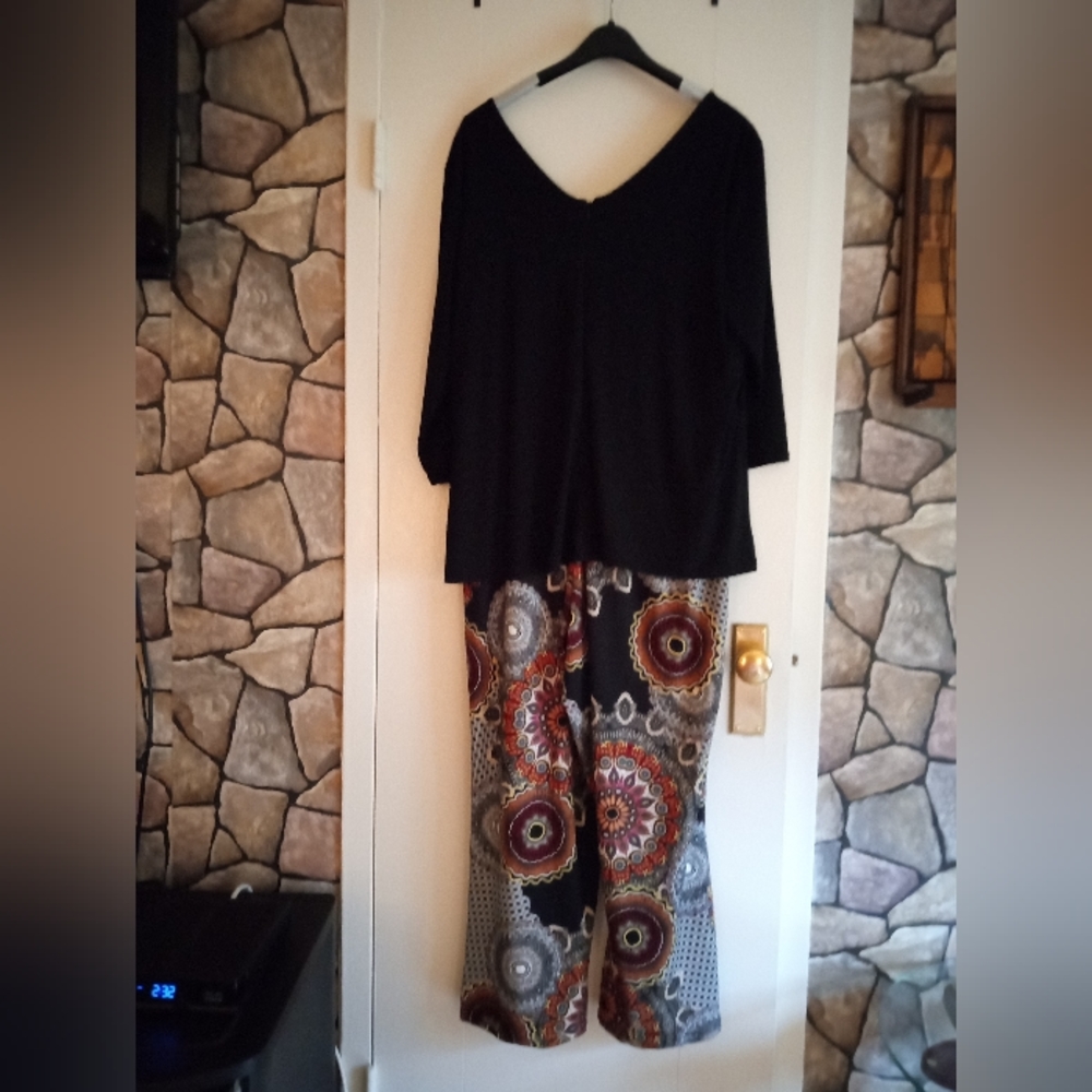 Kate and Mallory solid black and paisley print, wide leg jumpsuit